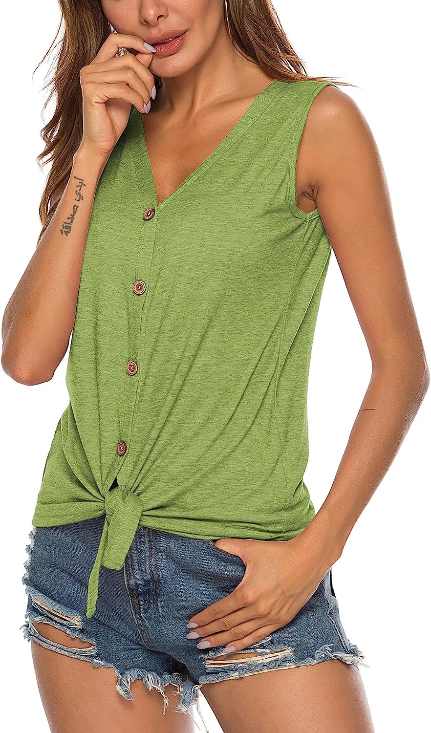 Women's Tie Knot Button Down Shirts Sleeveless Casual Blouse Curved Hemline Tops S-XXL - Image 5